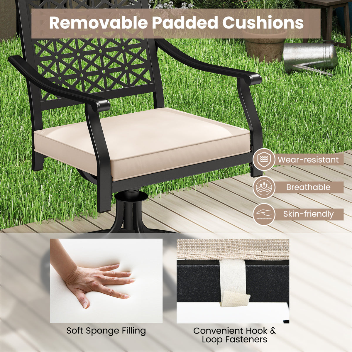 2-Piece Outdoor Swivel Dining Chairs with Cushions - Beige