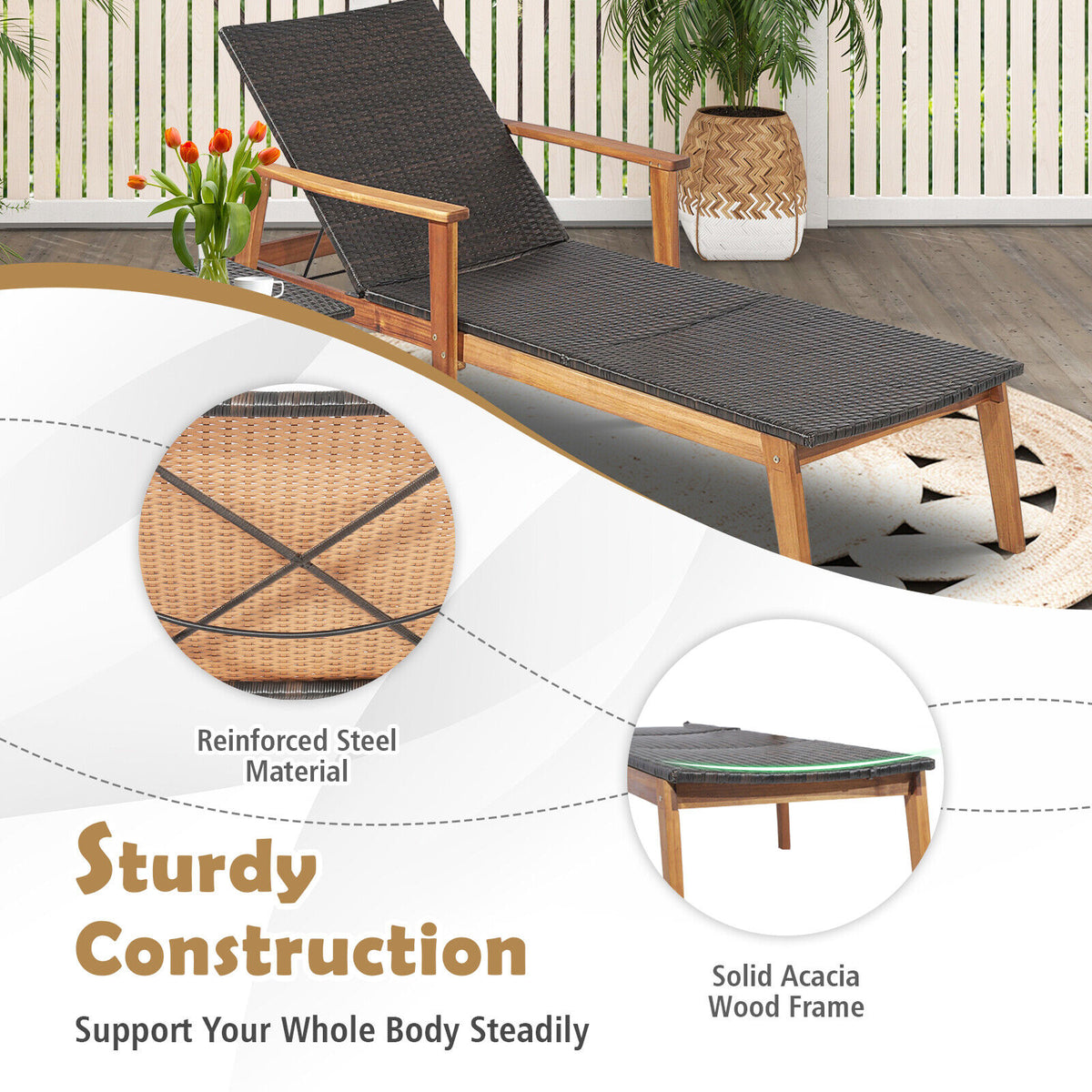 Patio Chaise Lounge with 4-Level Adjustable Backrest & Side Table