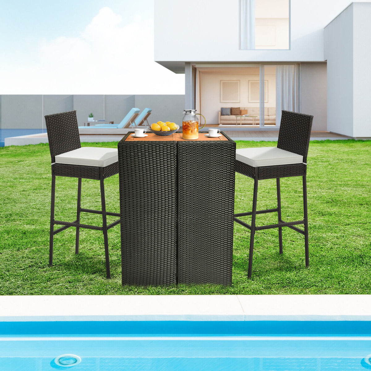 Set of 2/4 Patio Wicker Barstools with Seat Cushion and Footrest