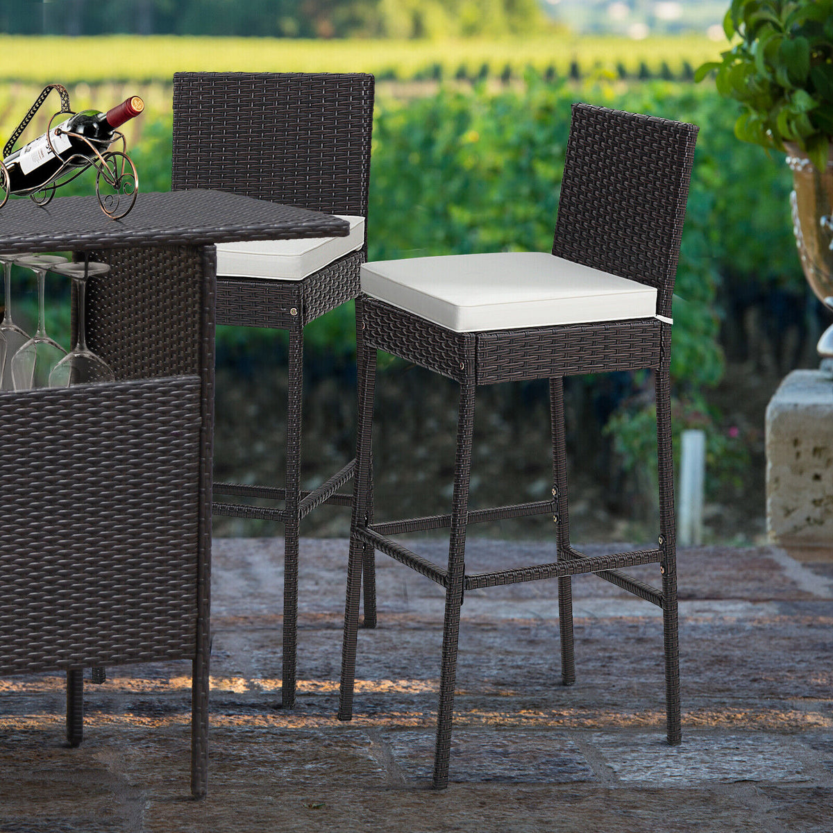 Set of 2/4 Patio Wicker Barstools with Seat Cushion and Footrest