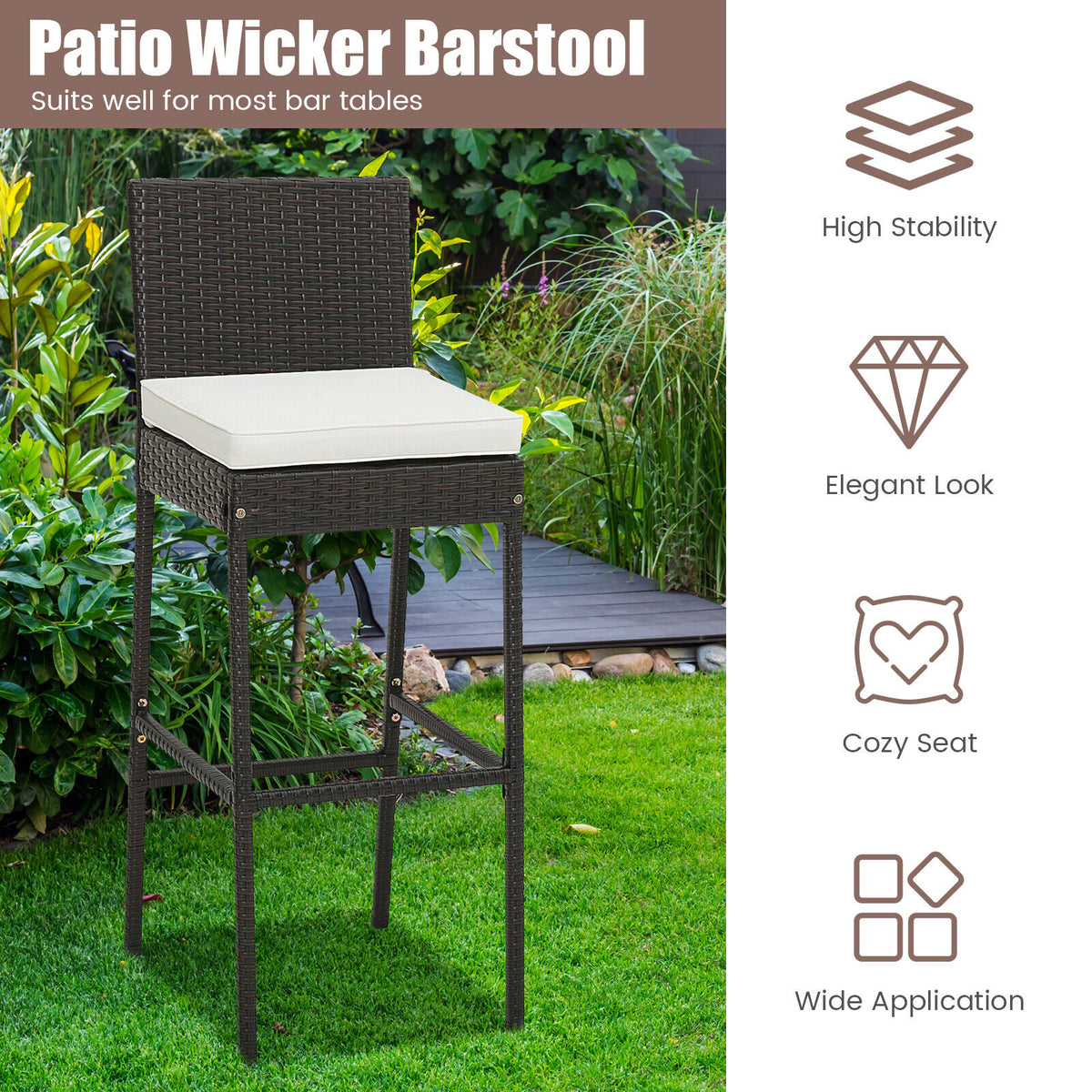 Set of 2/4 Patio Wicker Barstools with Seat Cushion and Footrest