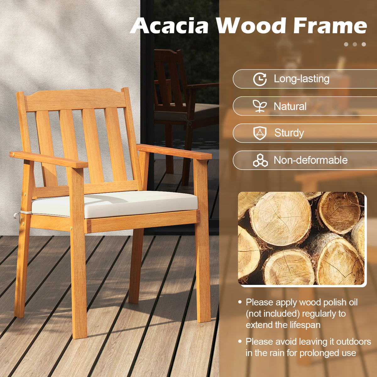 Acacia Wood Patio Dining Chairs Set of 2 - White