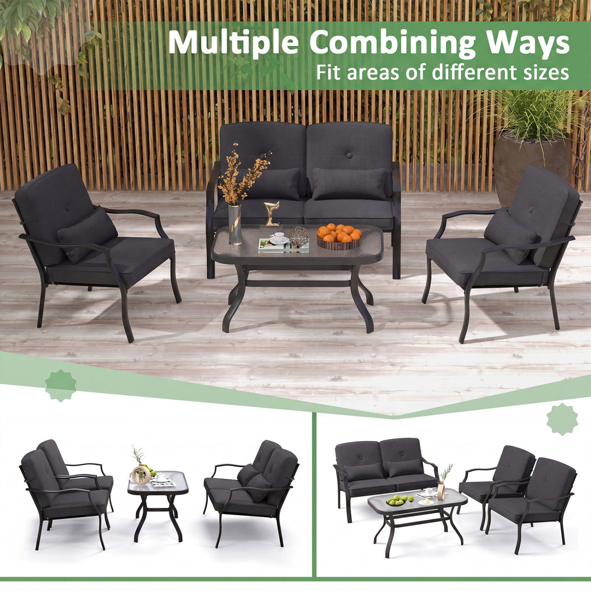 2-Piece Patio Metal Chairs with Cushions - Black