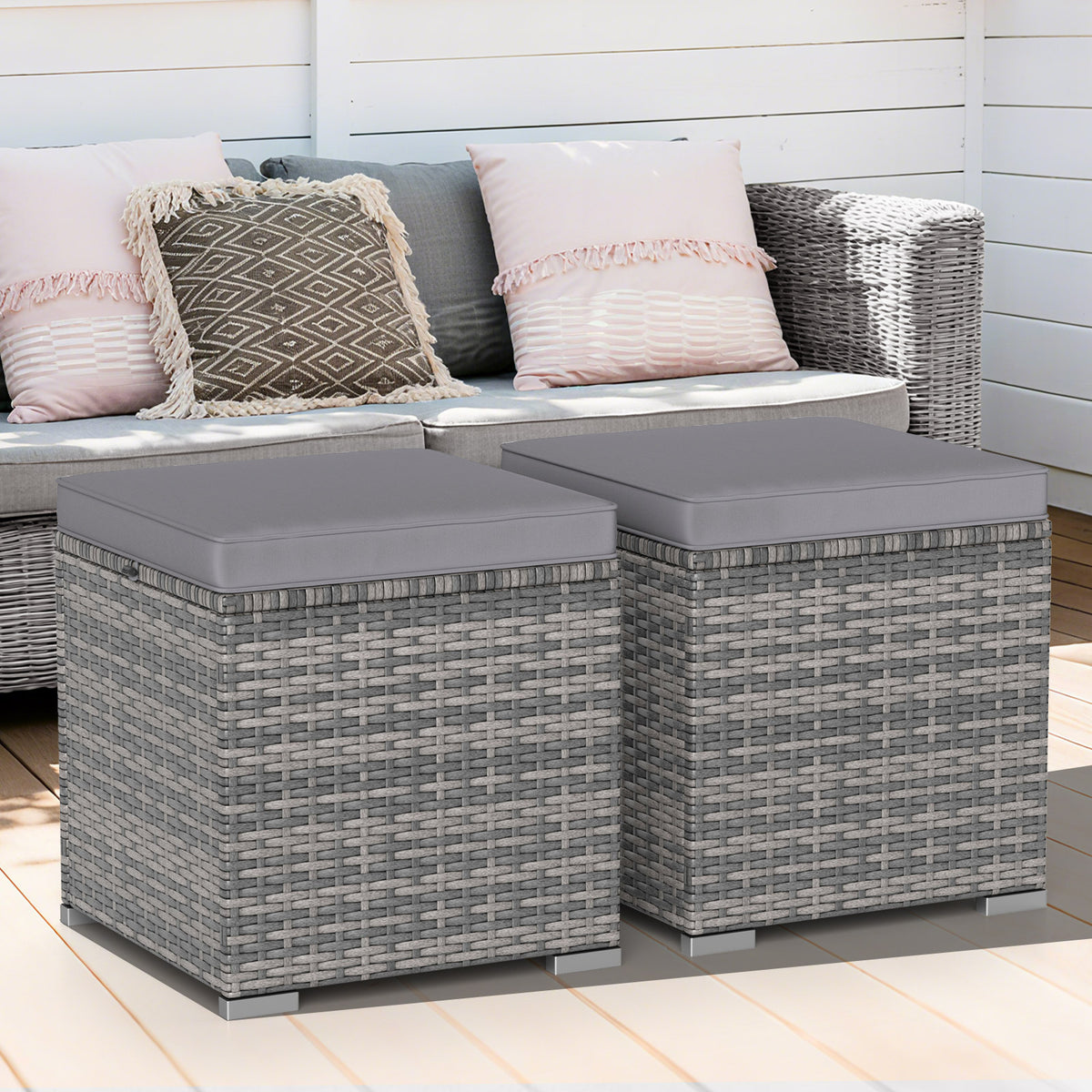 Patio Storage Ottoman with Cushion - Gray, Set of 2