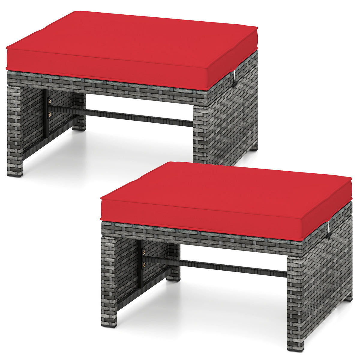 2 Pieces Patio PE Rattan Ottomans with Soft Zippered Cushions for Deck