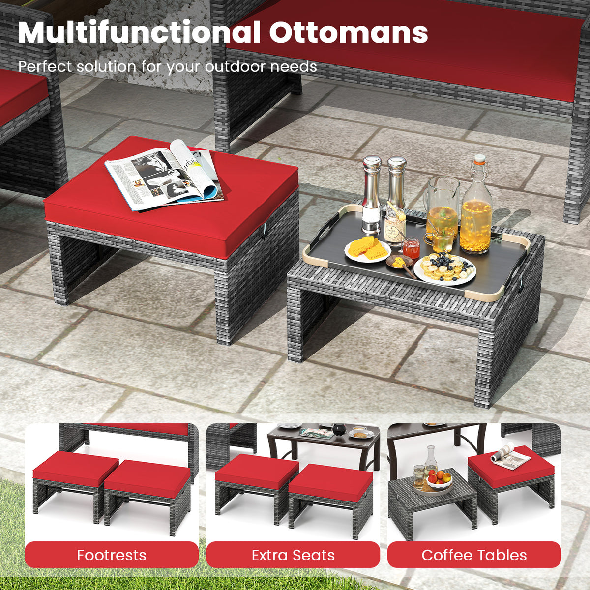 2 Pieces Patio PE Rattan Ottomans with Soft Zippered Cushions for Deck