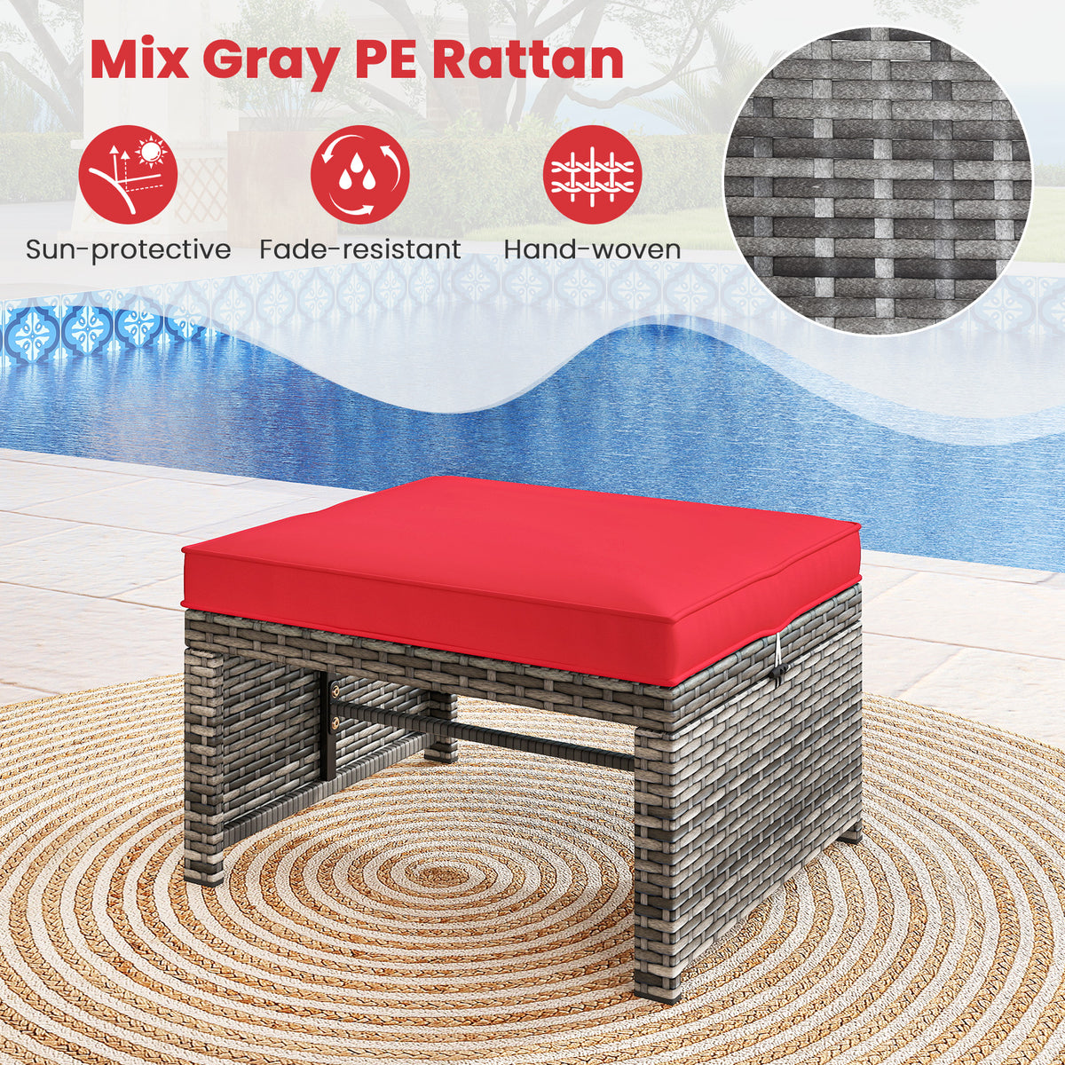 2 Pieces Patio PE Rattan Ottomans with Soft Zippered Cushions for Deck