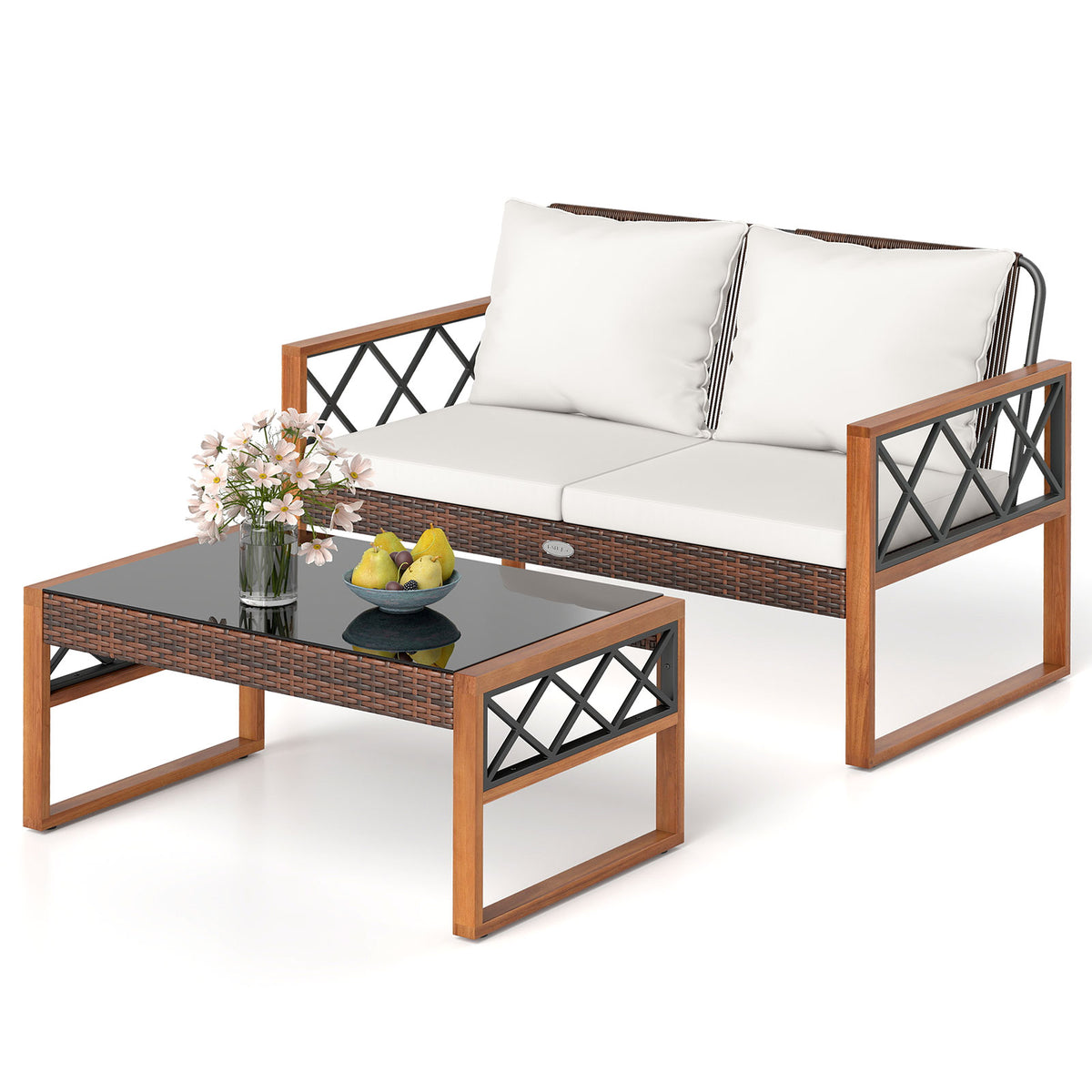 2-Piece Patio Wicker Conversation Set with Cushions - White