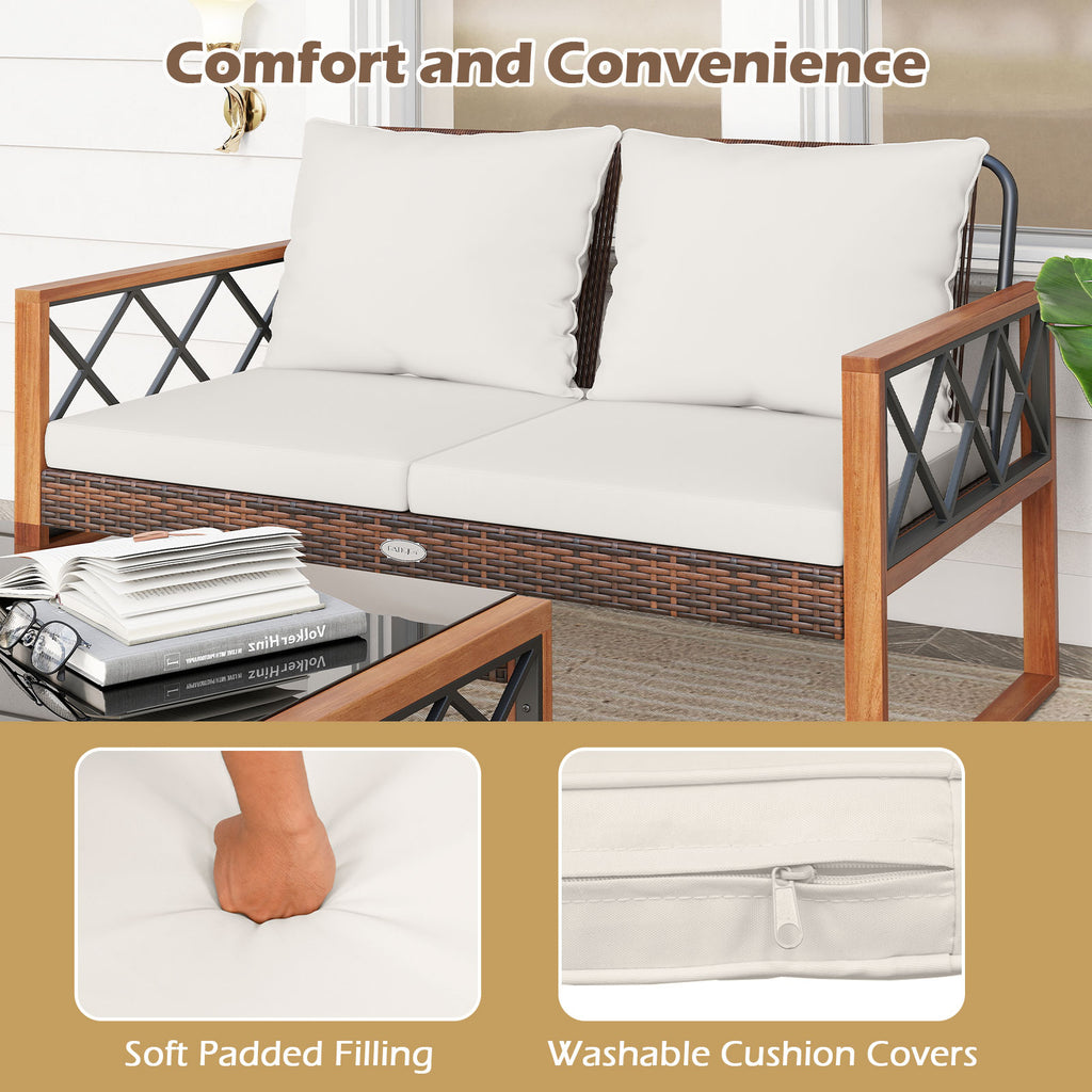2-Piece Patio Wicker Conversation Set with Cushions - White