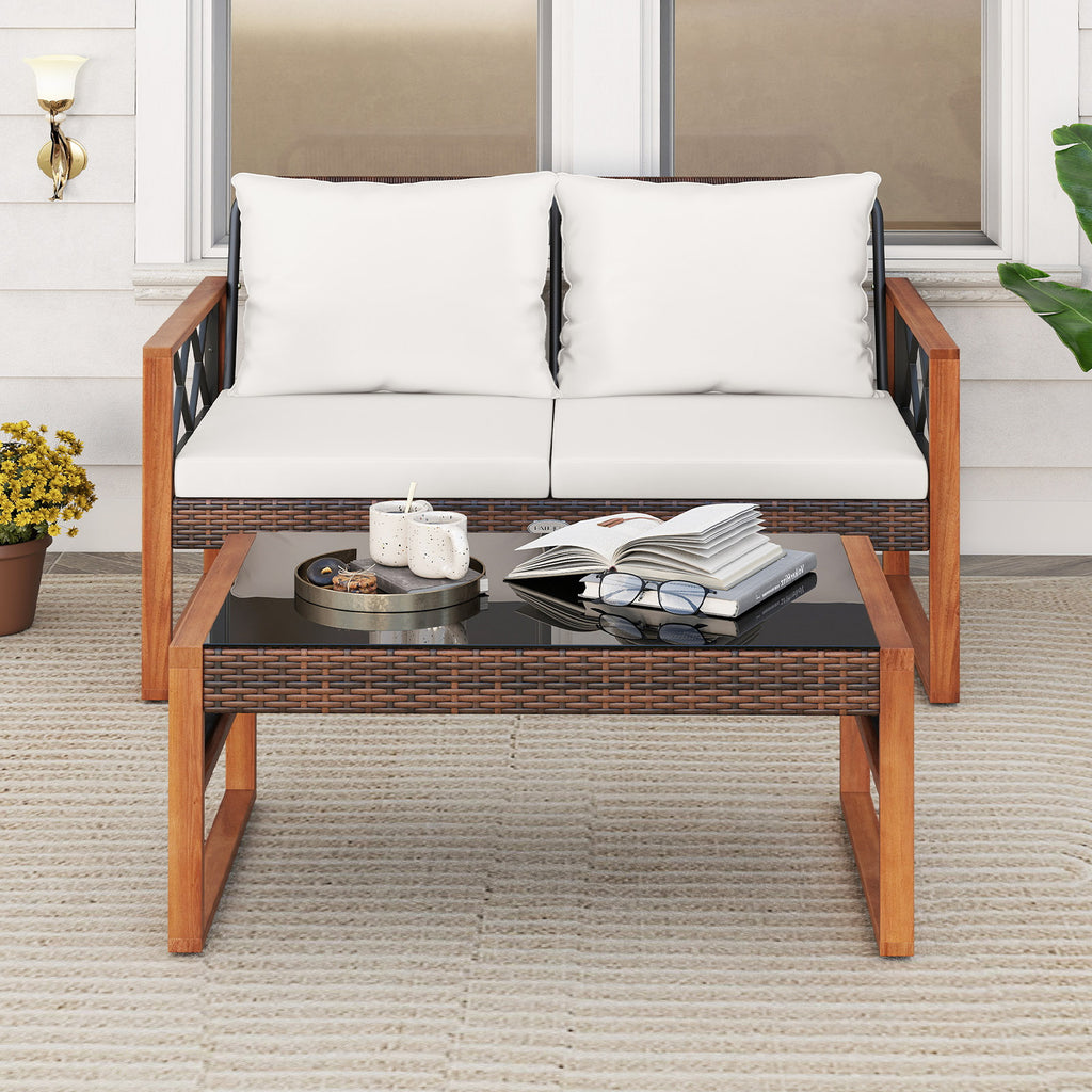 2-Piece Patio Wicker Conversation Set with Cushions - White