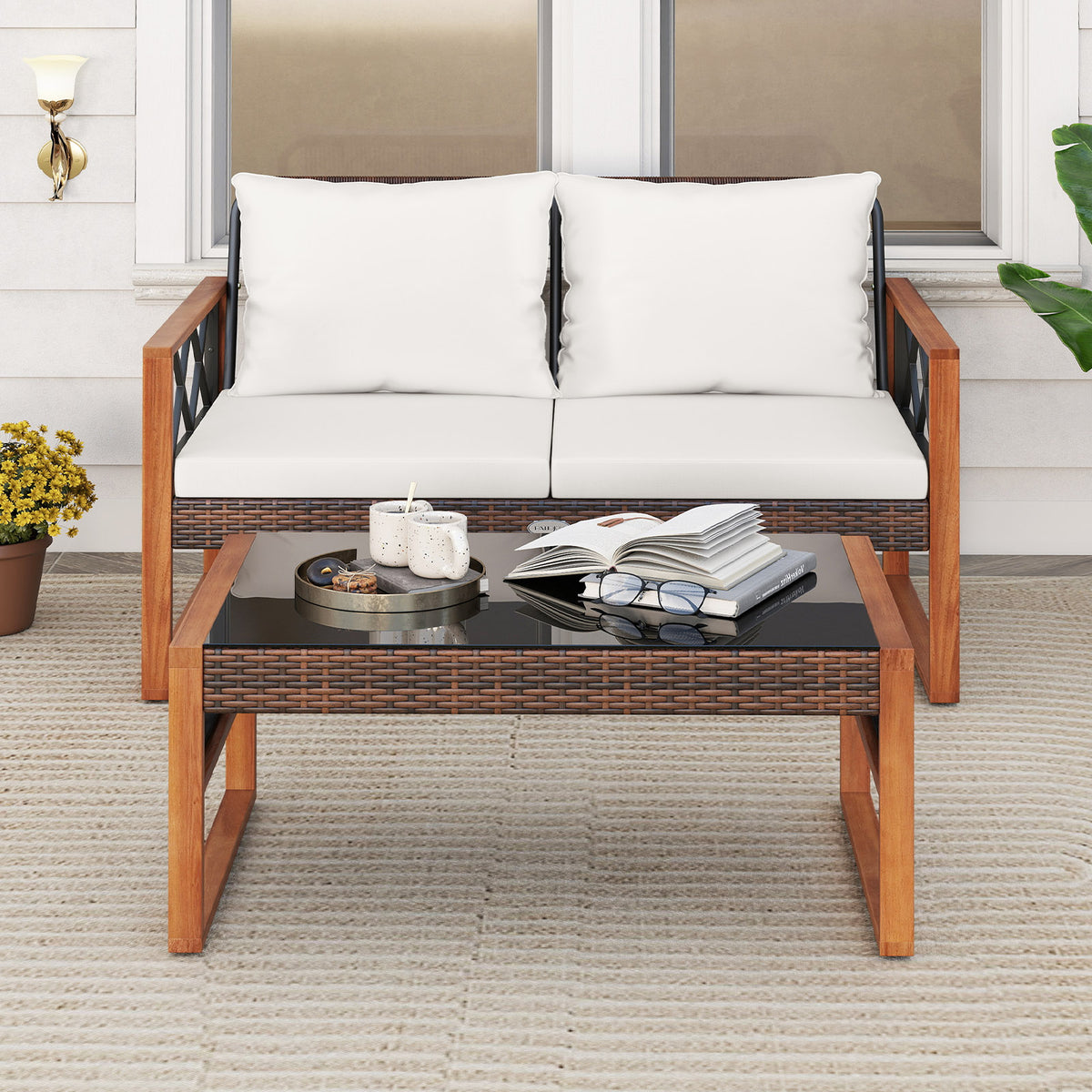 2-Piece Patio Wicker Conversation Set with Cushions - White