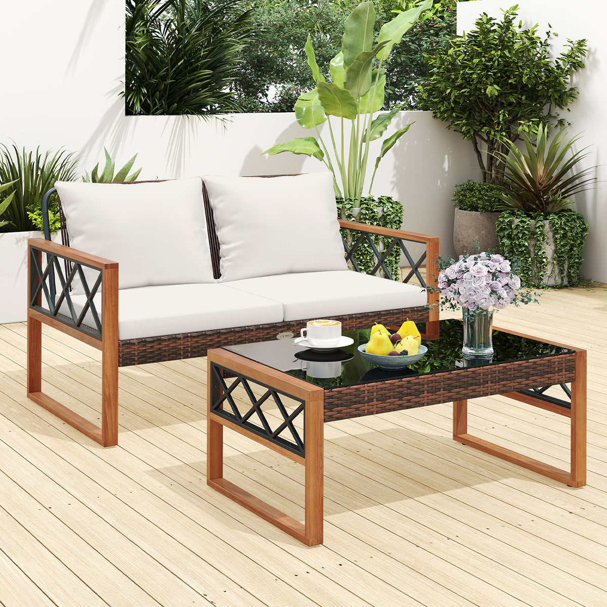 2-Piece Patio Wicker Conversation Set with Cushions - White