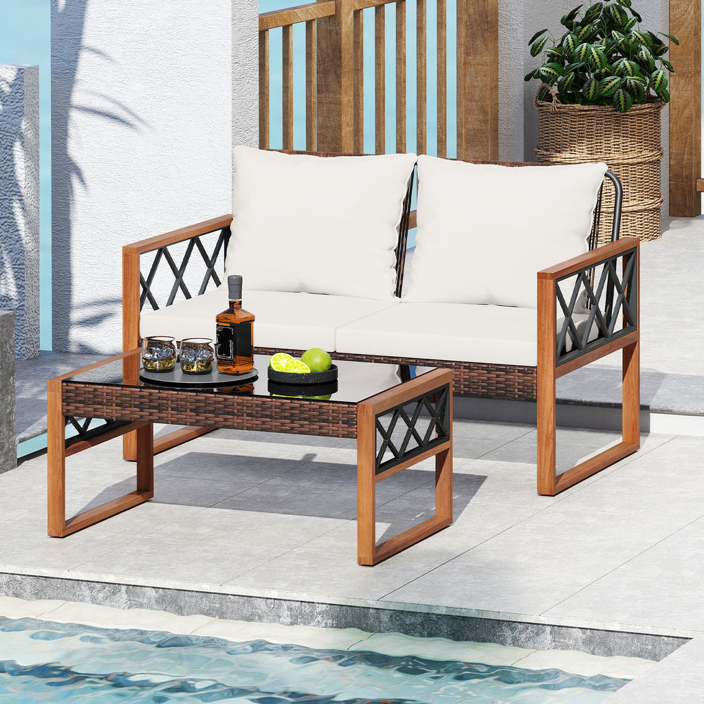 2-Piece Patio Wicker Conversation Set with Cushions - White