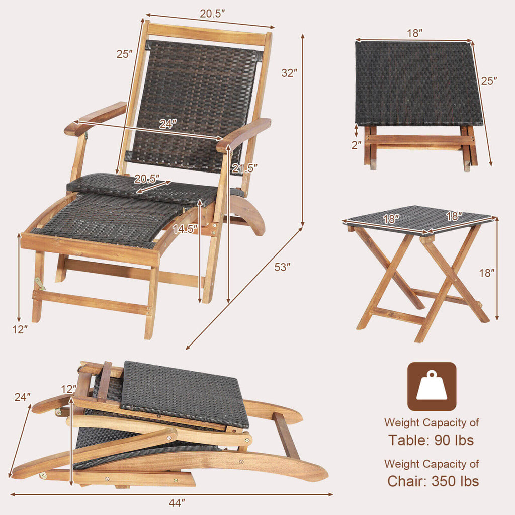 3 Pieces Patio Rattan Folding Lounge Chair Set of 2 with Acacia Wood
