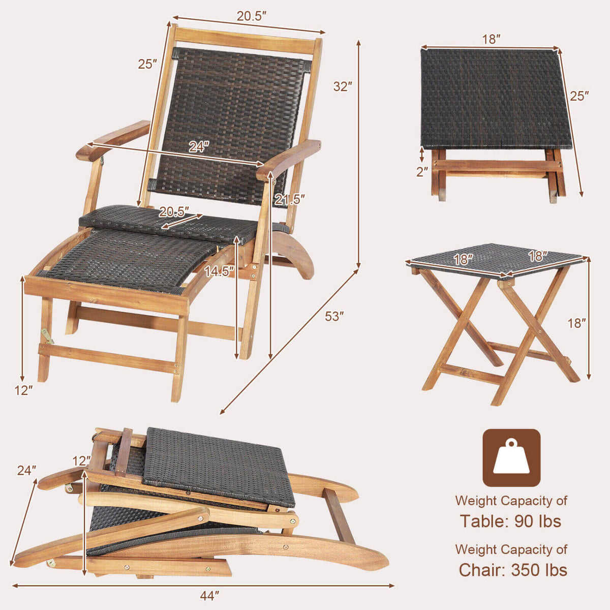 3 Pieces Patio Rattan Folding Lounge Chair Set of 2 with Acacia Wood