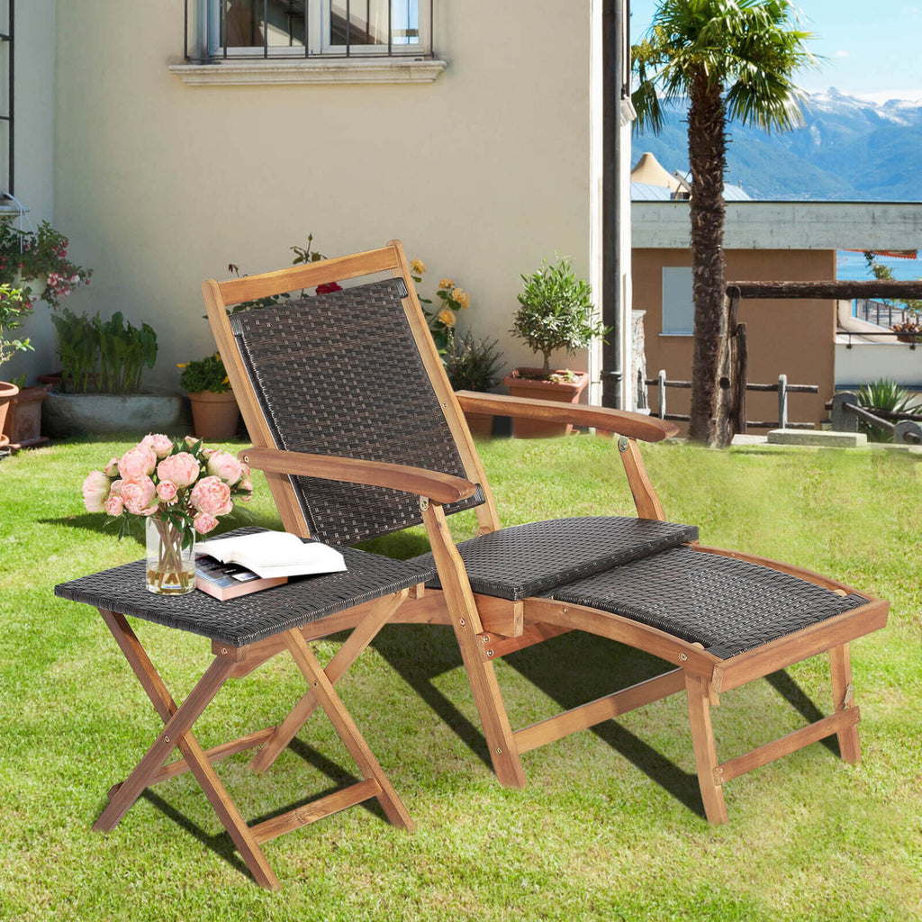 3 Pieces Patio Rattan Folding Lounge Chair Set of 2 with Acacia Wood
