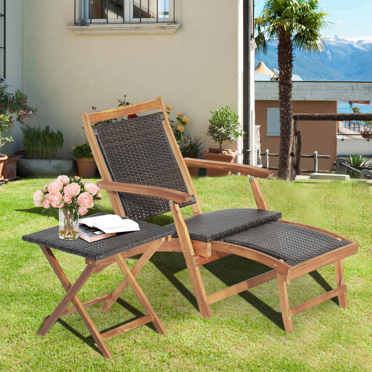 3 Pieces Patio Rattan Folding Lounge Chair Set of 2 with Acacia Wood