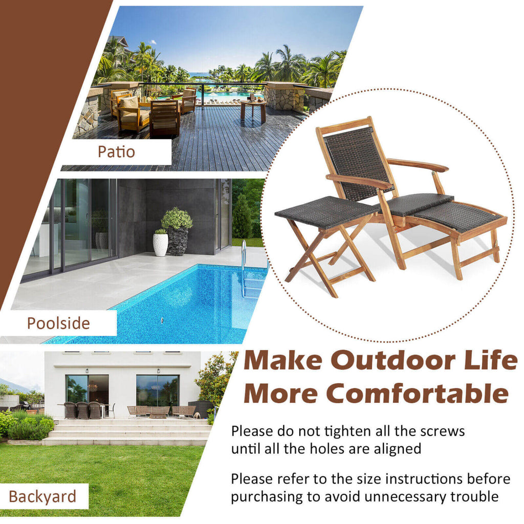 3 Pieces Patio Rattan Folding Lounge Chair Set of 2 with Acacia Wood
