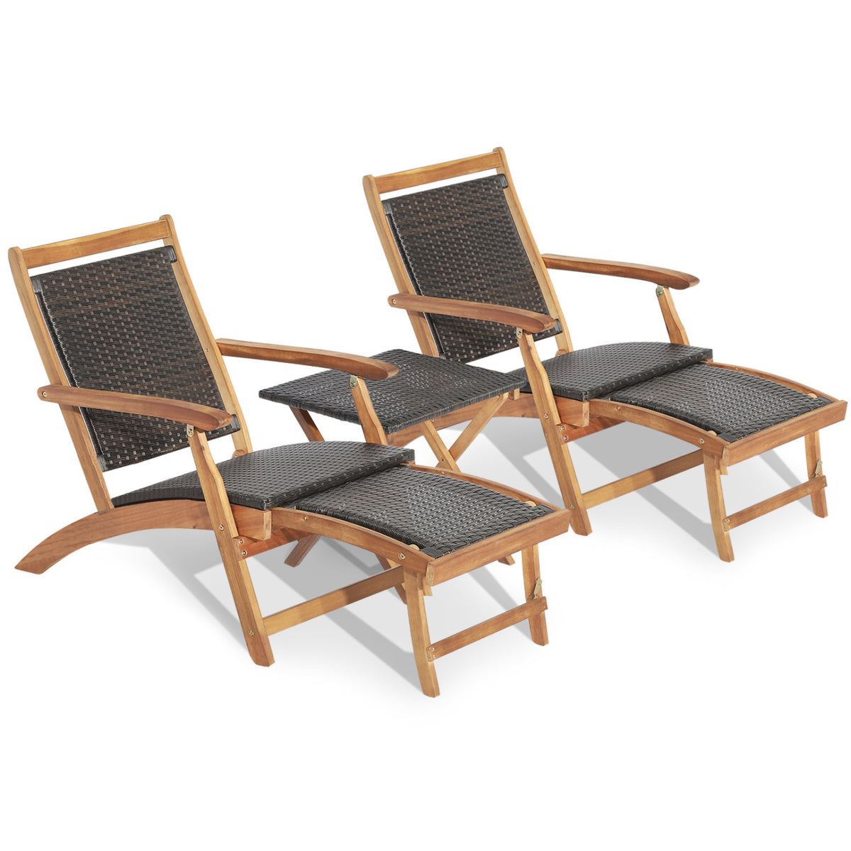 Patio Rattan Folding Lounge Chair Set of 2 - Acacia Wood