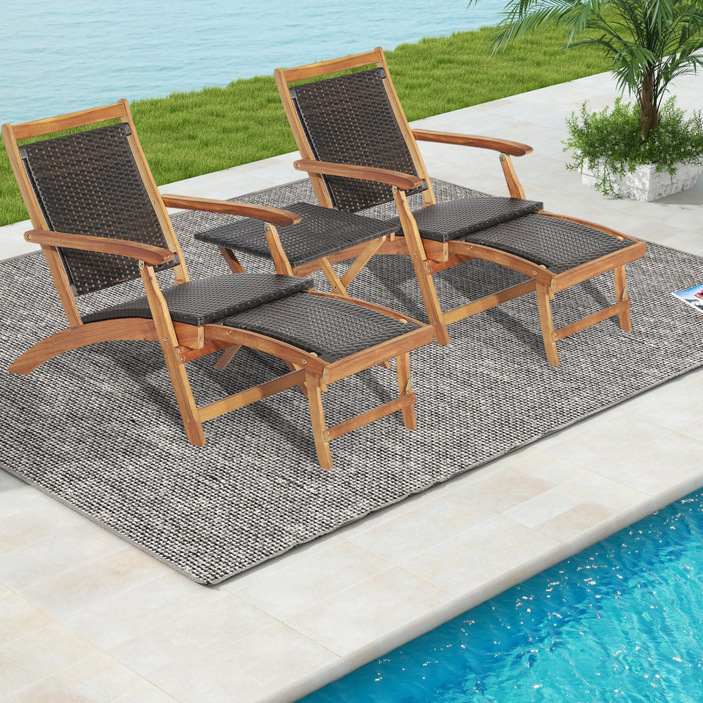 3 Pieces Patio Rattan Folding Lounge Chair Set of 2 with Acacia Wood