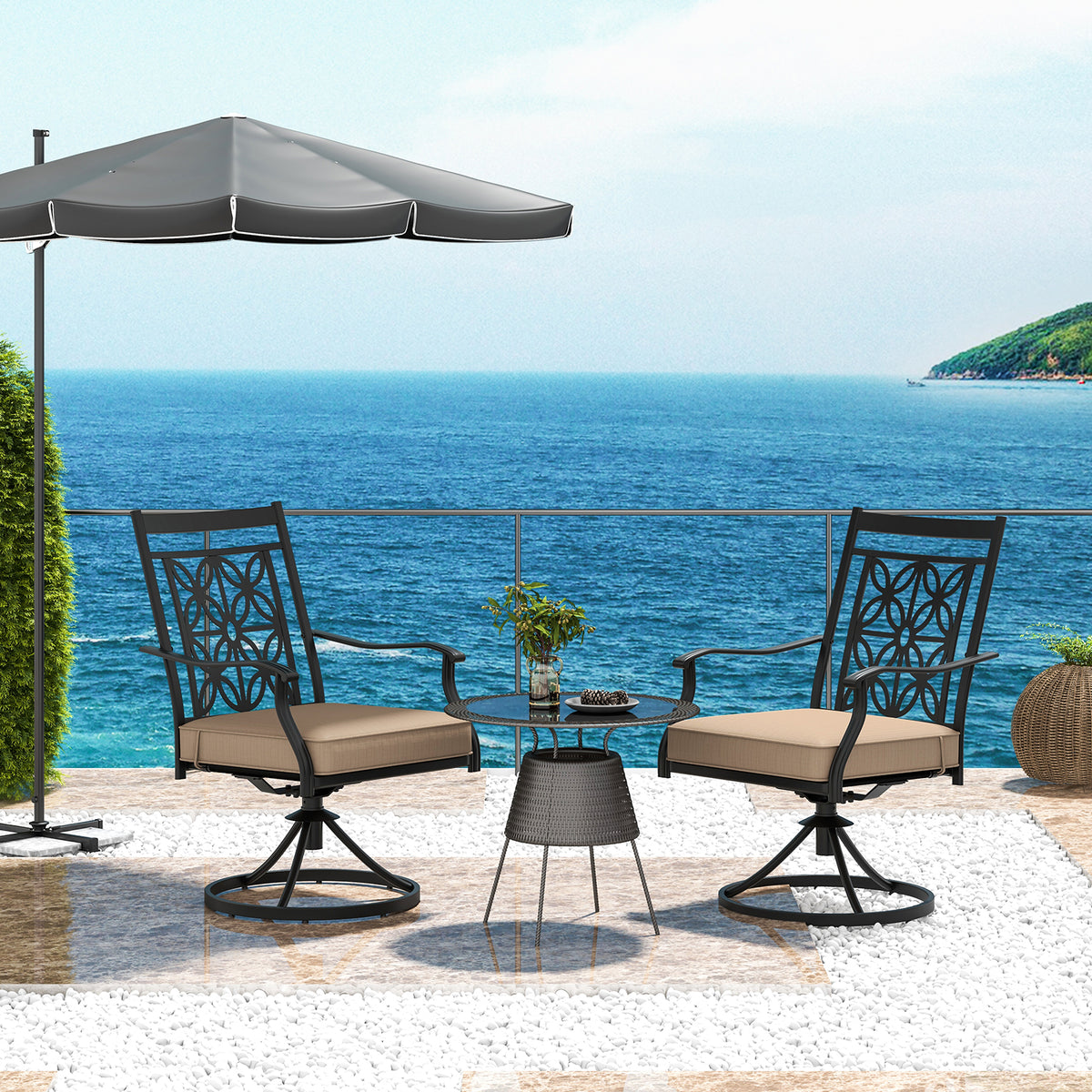 2-Piece Patio Swivel Chair Set with Cushions - Black
