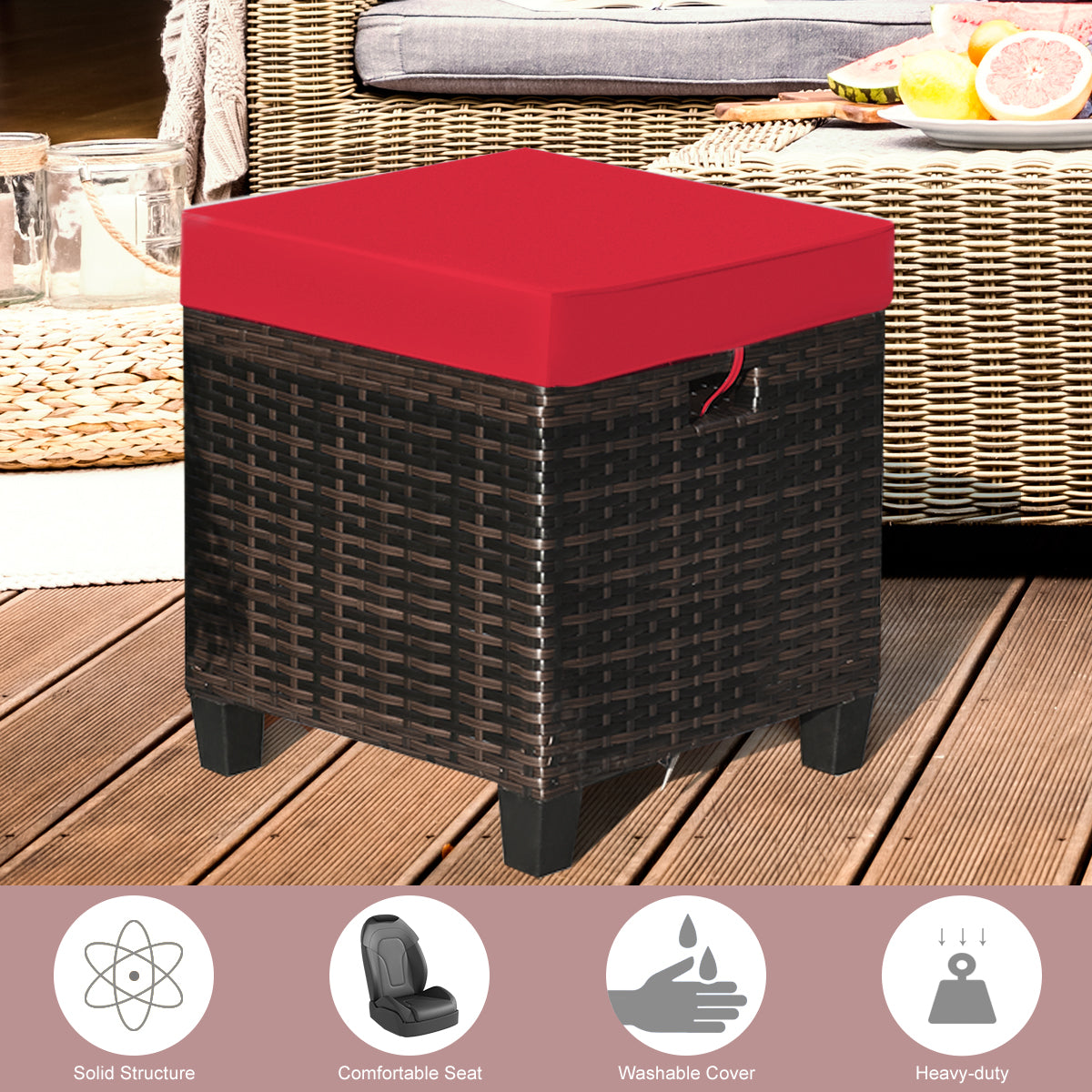 Patio Rattan Ottoman Set with Removable Cushions - Red