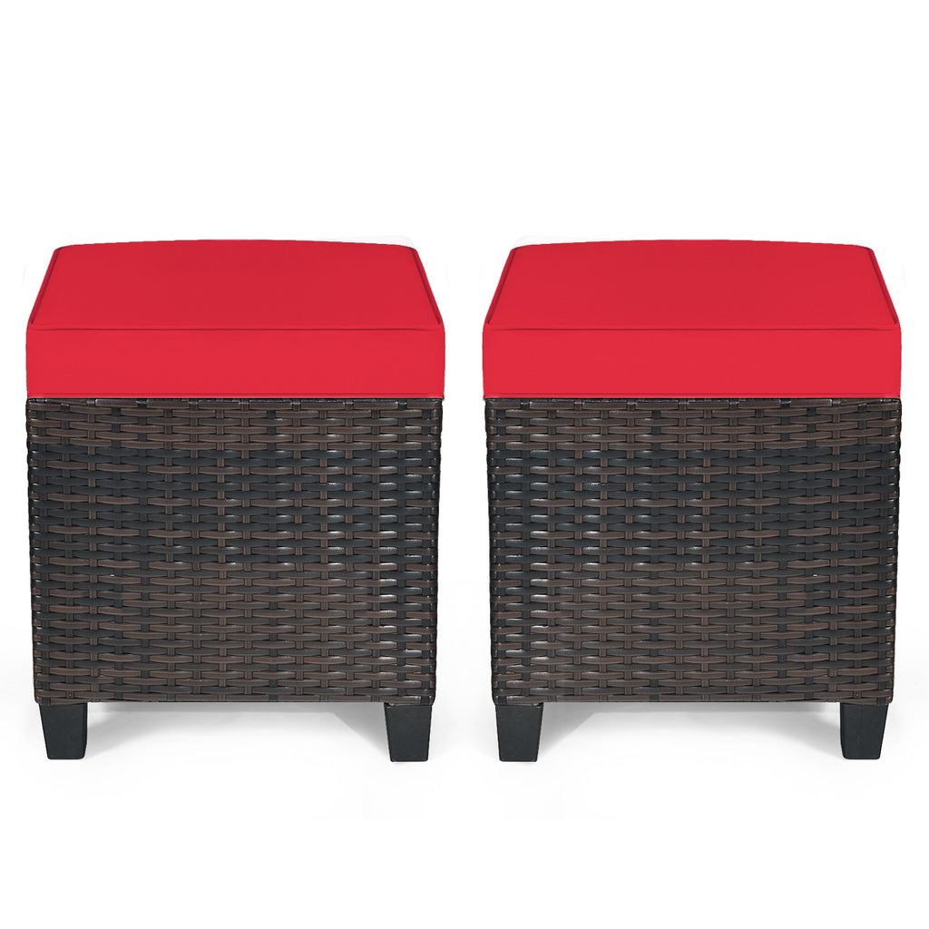 Patio Rattan Ottoman Set with Removable Cushions - Red