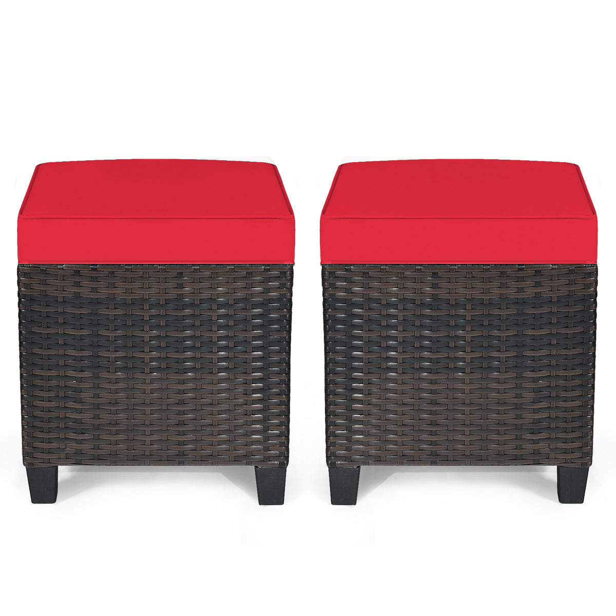 Patio Rattan Ottoman Set with Removable Cushions - Red