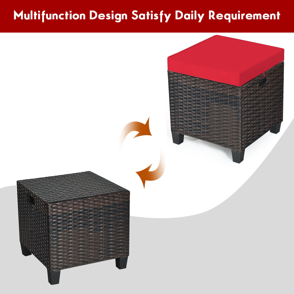 Patio Rattan Ottoman Set with Removable Cushions - Red