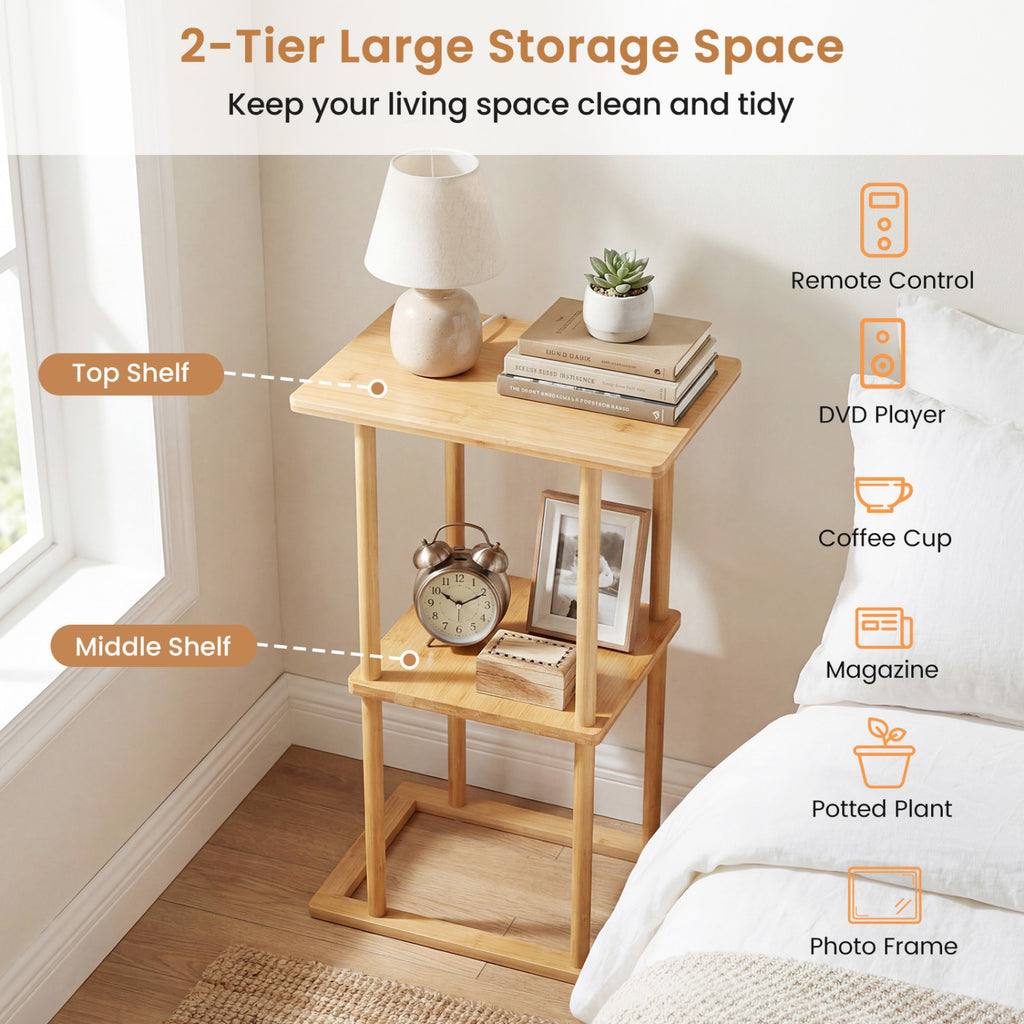 Bamboo Side Table with Storage Shelves, Natural