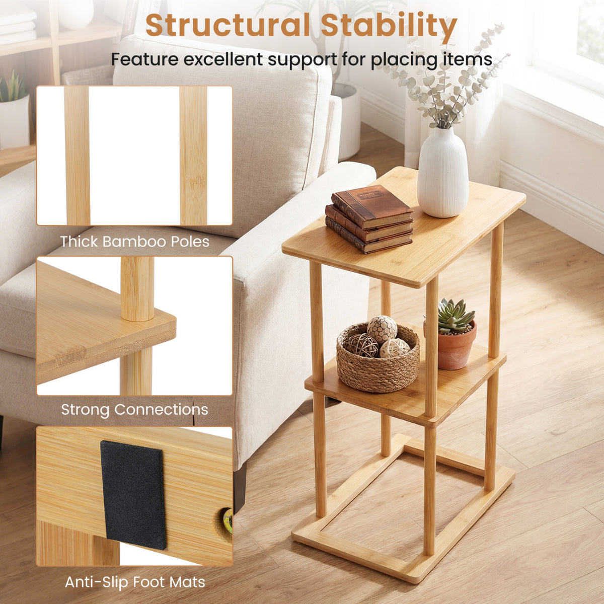 Bamboo Side Table with Storage Shelves, Natural