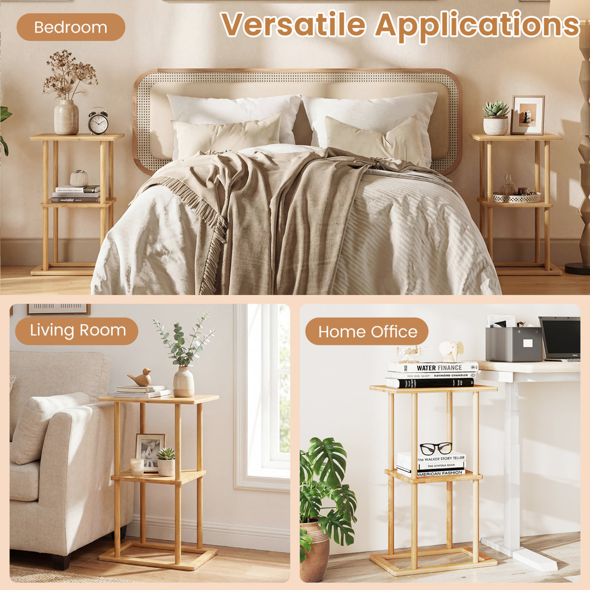 Bamboo Side Table with Storage Shelves, Natural
