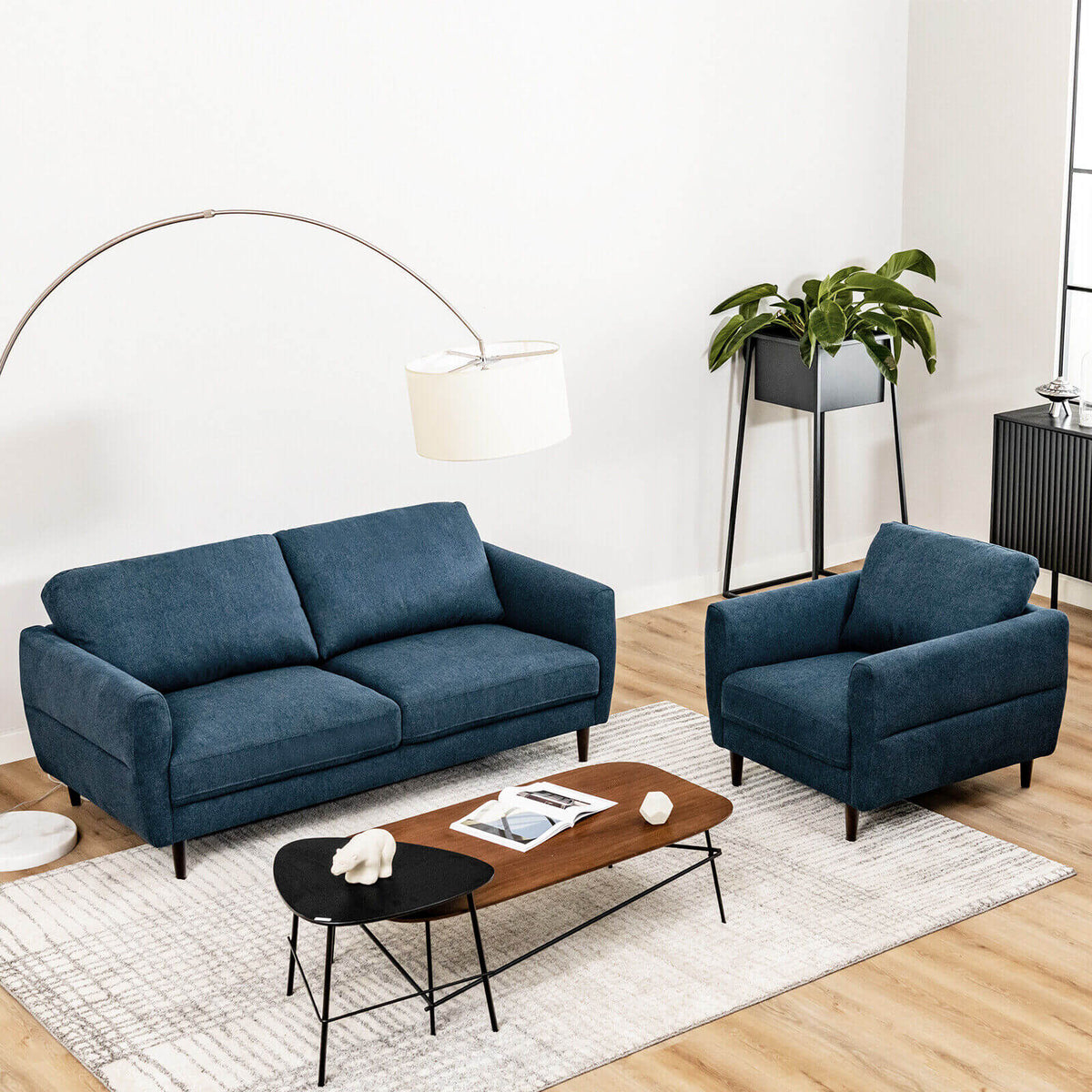 Modern Upholstered Sofa Couch Set with Removable Cushion Covers, Navy