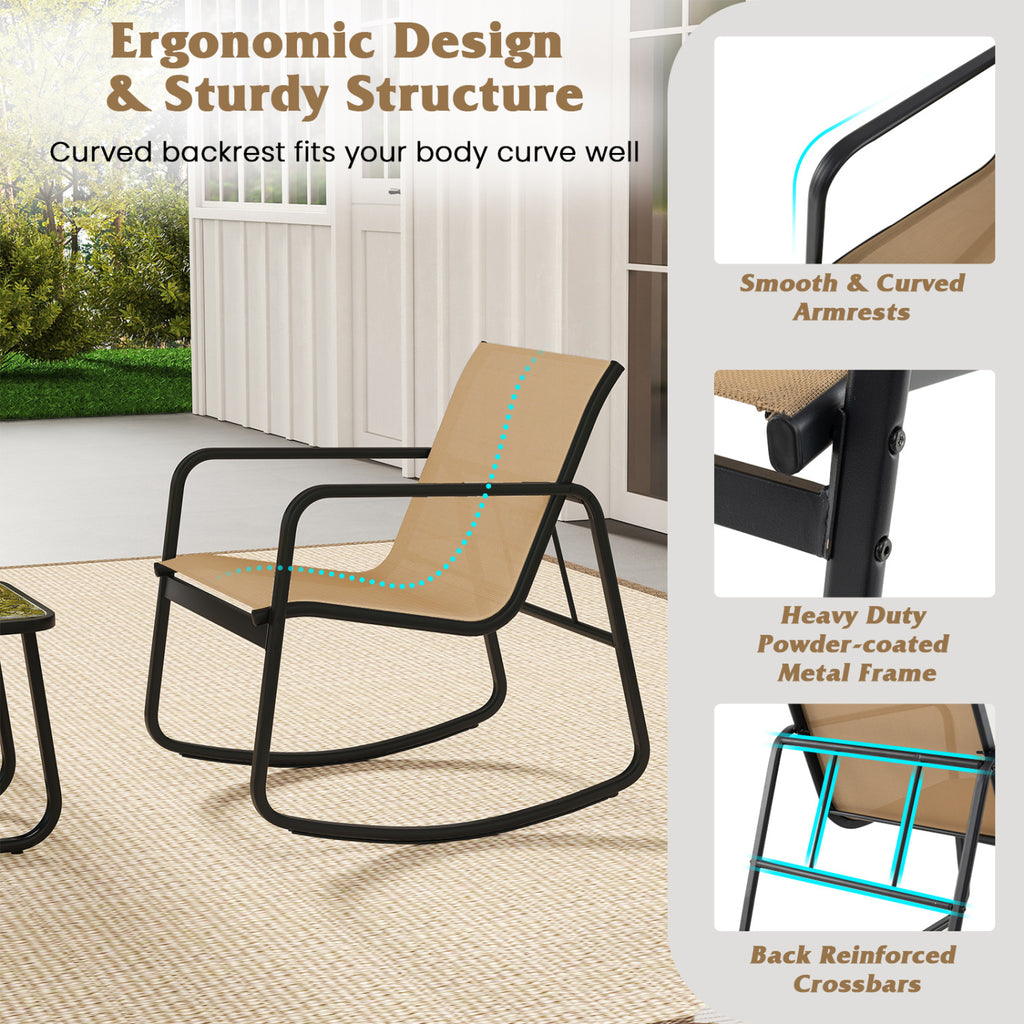 2 Rocking Bistro Chairs and Glass-Top Table for Porch Yard Balcony