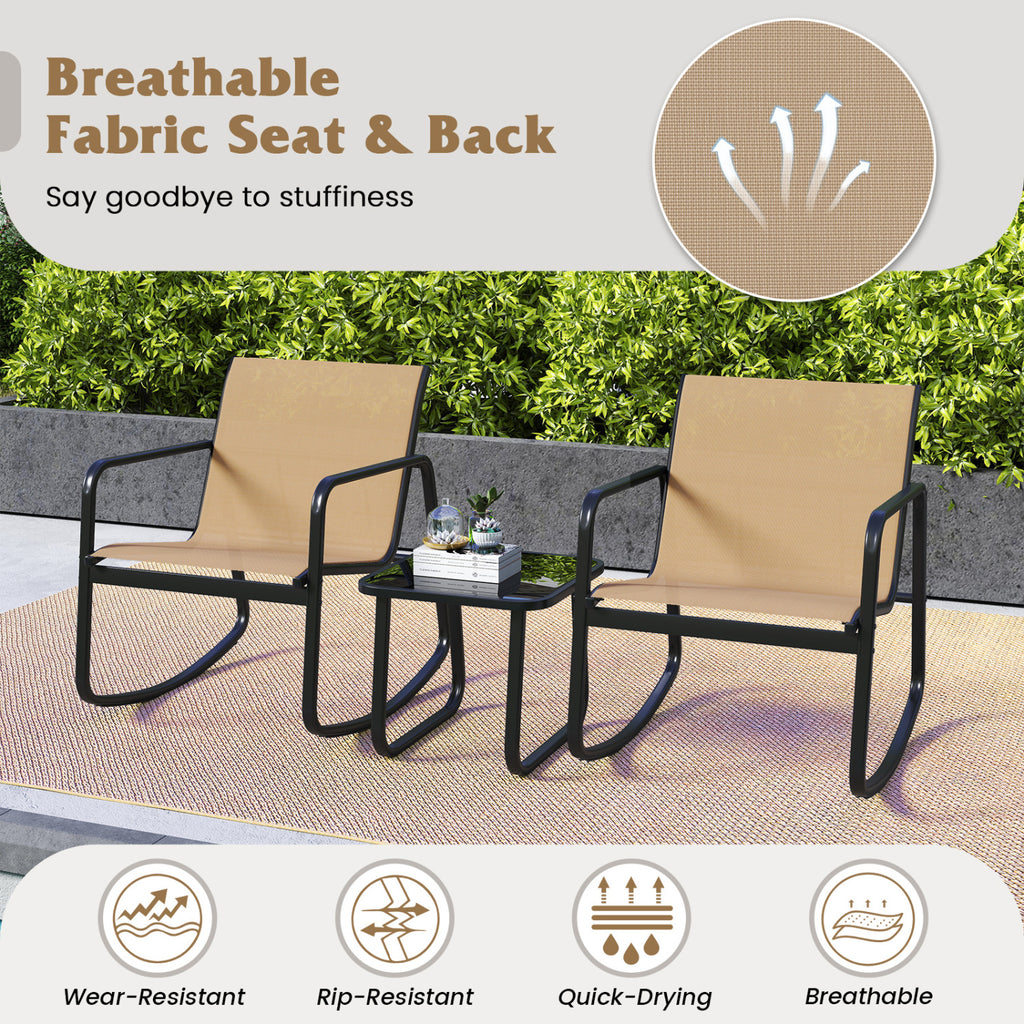 2 Rocking Bistro Chairs and Glass-Top Table for Porch Yard Balcony