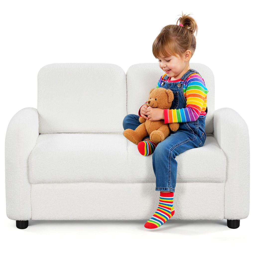 2-Seat Kids Sofa Toddler Couch with Teddy Fleece Upholstery - White Variation