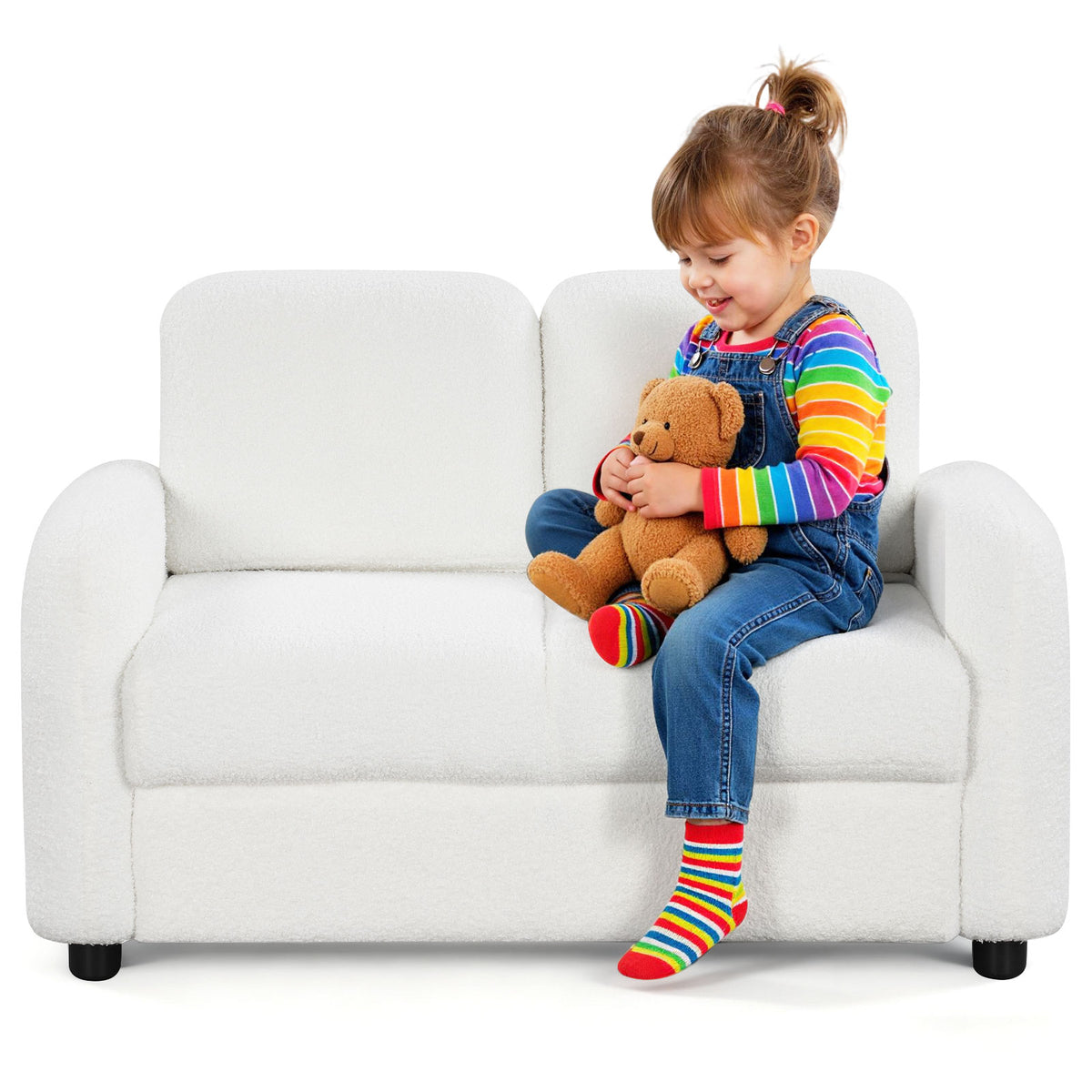 2-Seat Kids Sofa Toddler Couch with Teddy Fleece Upholstery - White Variation