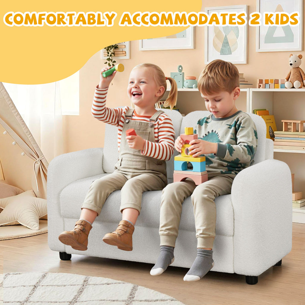 2-Seat Kids Sofa Toddler Couch with Teddy Fleece Upholstery - White Variation
