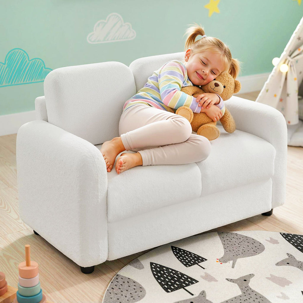 2-Seat Kids Sofa Toddler Couch with Teddy Fleece Upholstery - White Variation
