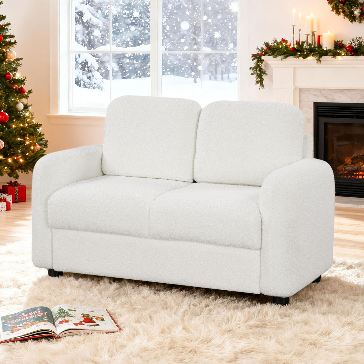 2-Seat Kids Sofa Toddler Couch with Teddy Fleece Upholstery - White Variation