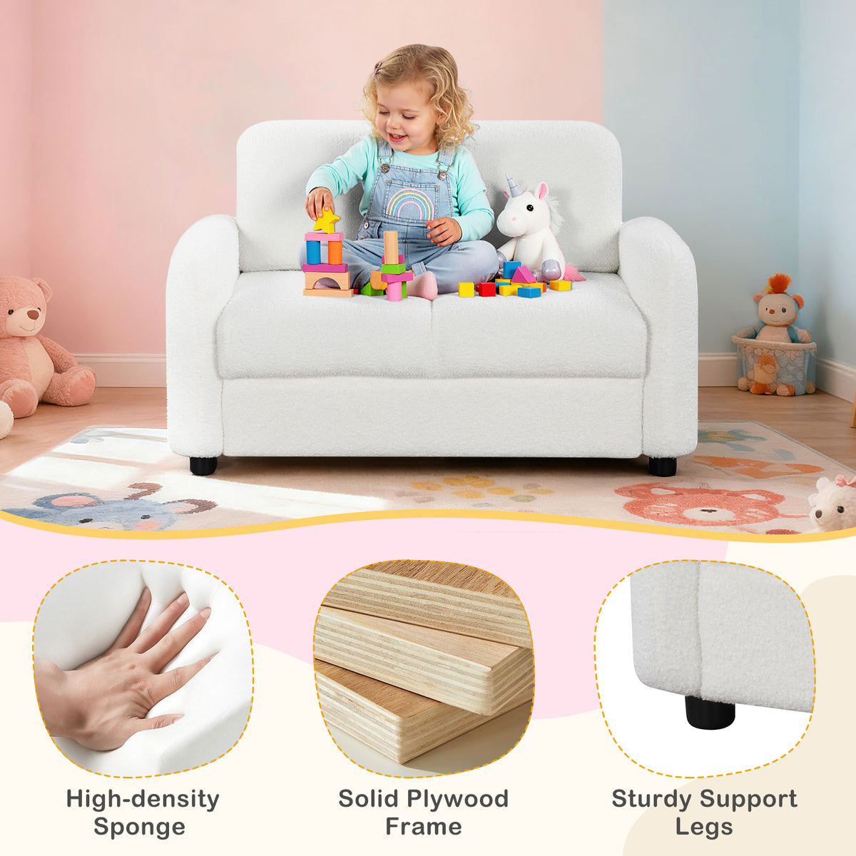 2-Seat Kids Sofa Toddler Couch with Teddy Fleece Upholstery - White Variation