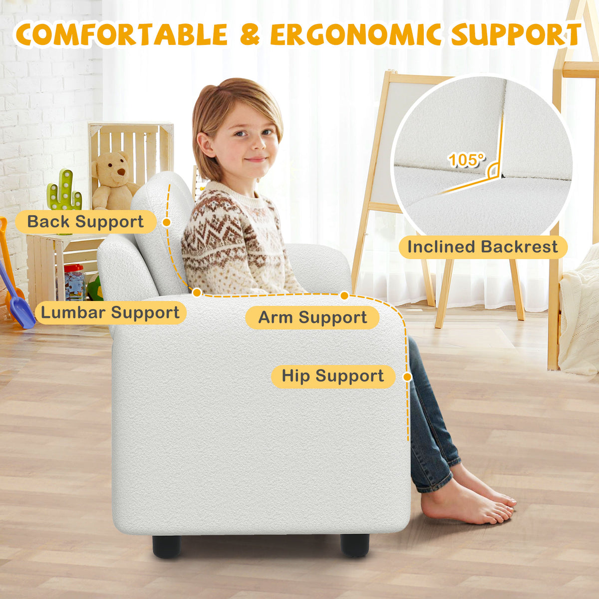 2-Seat Kids Sofa Toddler Couch with Teddy Fleece Upholstery - White Variation