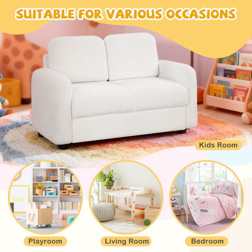 2-Seat Kids Sofa Toddler Couch with Teddy Fleece Upholstery - White Variation