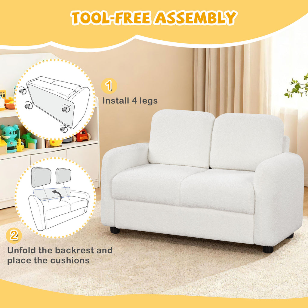 2-Seat Kids Sofa Toddler Couch with Teddy Fleece Upholstery - White Variation