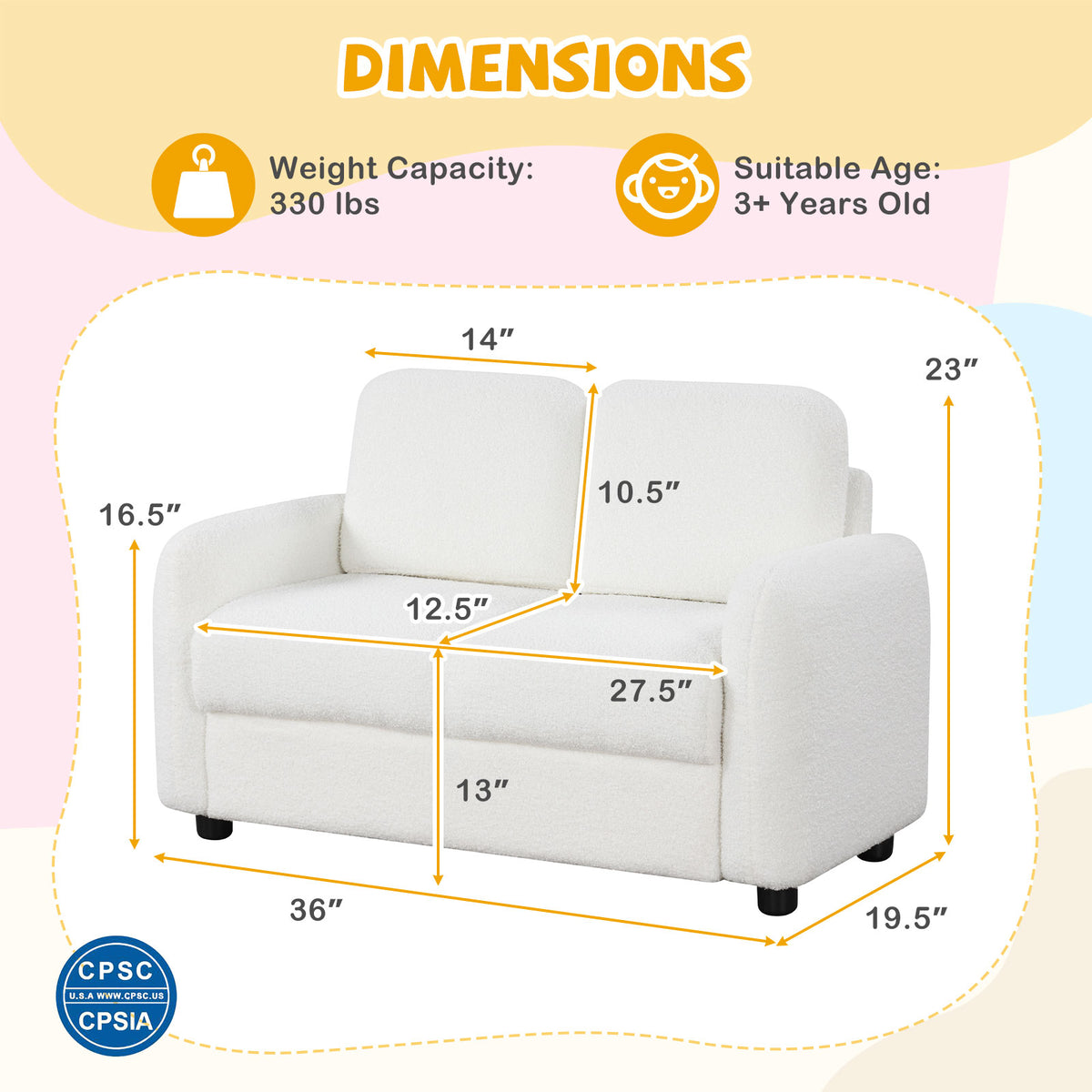 2-Seat Kids Sofa Toddler Couch with Teddy Fleece Upholstery - White Variation