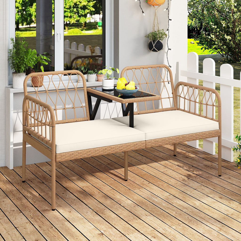 2-Seat PE Rattan Outdoor Loveseat with Coffee Table - White