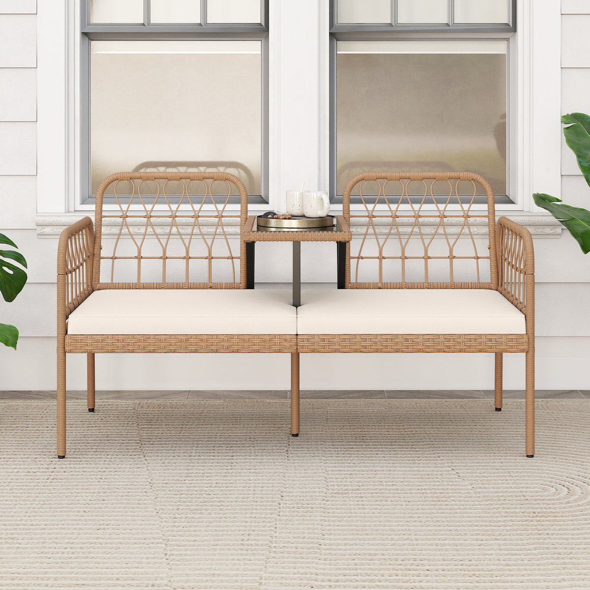 2-Seat PE Rattan Outdoor Loveseat with Coffee Table - White