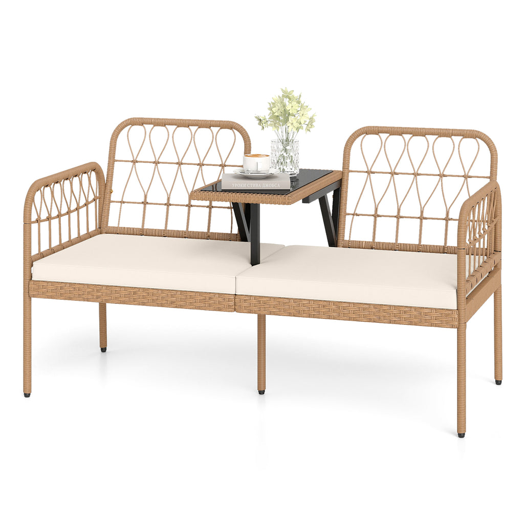 2-Seat PE Rattan Outdoor Loveseat with Coffee Table - White