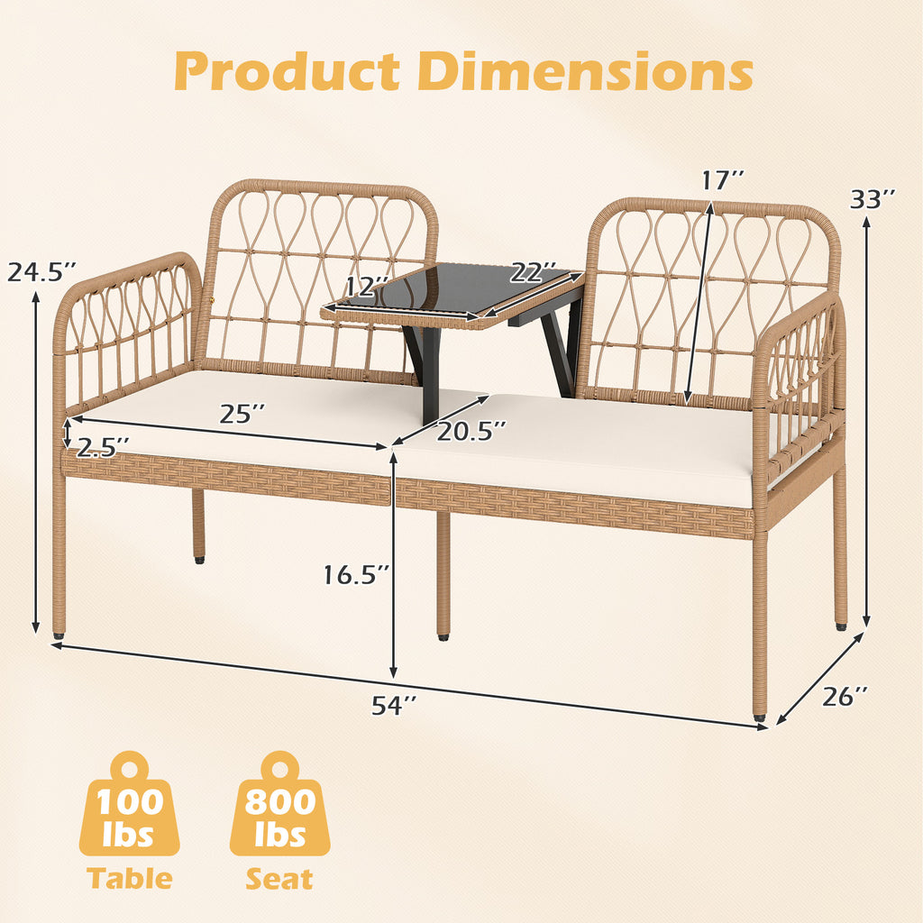 2-Seat PE Rattan Outdoor Loveseat with Coffee Table - White
