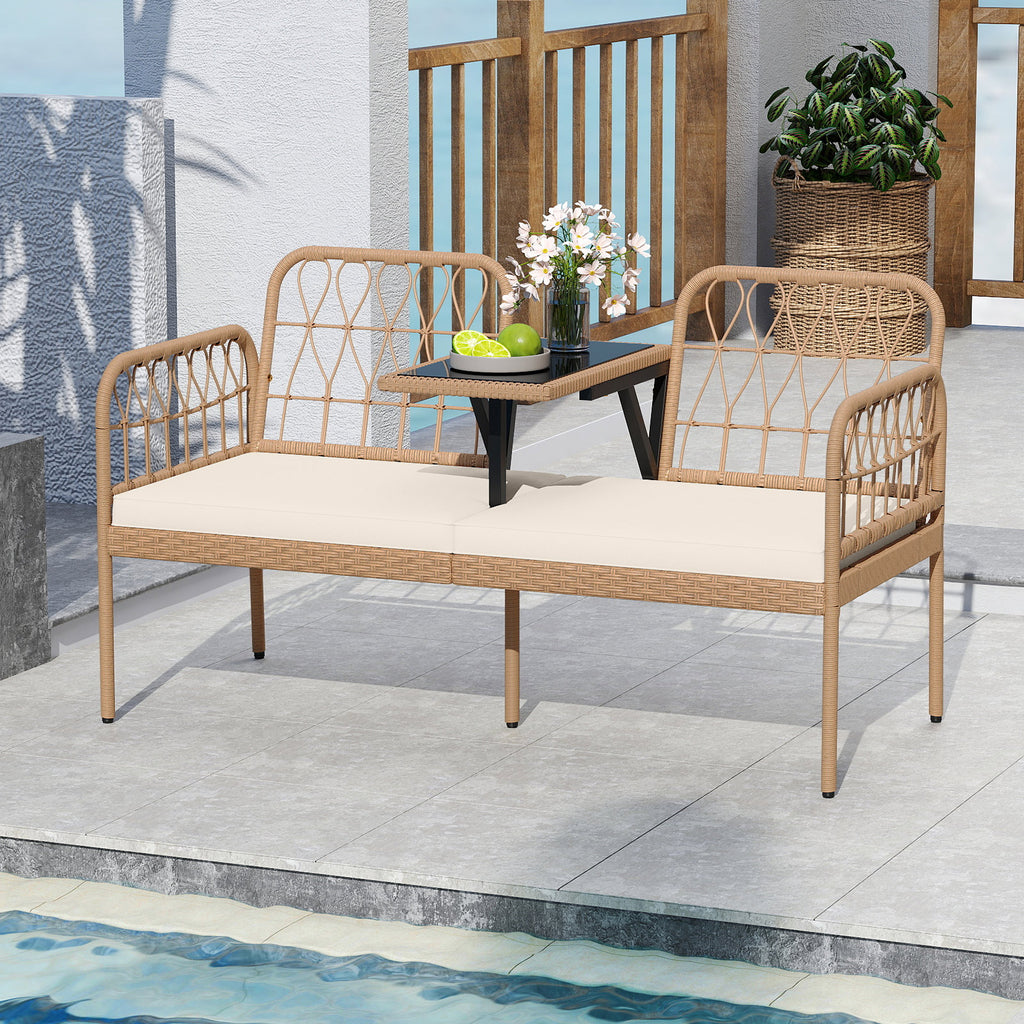 2-Seat PE Rattan Outdoor Loveseat with Coffee Table - White
